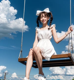 A young anime girl with brown hair and brown eyes is sitting on a swing. She is wearing a frilly white dress and has pigtails. She is holding a bag and has a handbag on her other hand. She is wearing white shoes with a bow on top. The sky is blue with white clouds.
