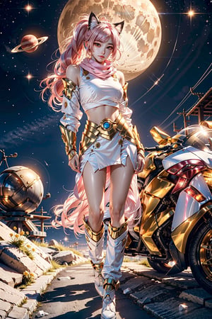 A girl 20 years old on a moon with planets around her gold armor white scarf, (Kpop idol), (netural:1), platinum pink hair, full body,puffy eyes, cat_ear, long hair, large_breasts, ponytail,
