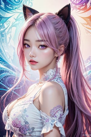 (masterpiece, top quality, best quality, official art, beautiful and aesthetic:1.2), (1girl), extreme detailed,(fractal art:1.3),colorful,highest detailed, zoomout, asian girl,perfecteyes,(Kpop idol), (netural:1), platinum pink hair, puffy eyes, cat_ear, long hair, large_breasts, ponytail, light_purple_eyes
