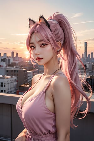 4K ultra hd realistic Pink skylines with a beautiful cityscape and a girl overlooking it all with a nice sunset,1girl, (Kpop idol), (netural:1), platinum pink hair, puffy eyes, cat_ear, long hair, large_breasts, ponytail,
