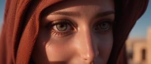 Extreme close up of a 24 year old woman’s eye blinking, standing in Marrakech during magic hour, cinematic film shot in 70mm, depth of field, vivid colors, cinematic,photorealistic,Masterpiece