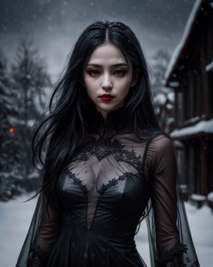 Vampire Queen, (blood on breast and chin:1), red eyes, (close lips:1.3), (small nose:1.1), smirking, (pitch black hair:1.1), highlight on hair, (transparent top dress:1.3), backlit, mid profile,  intricate details, highly detailed, (slate atmosphere:1.3), (snowy environment:1.3), cinematic, (dimmed colors:1.2), (dark shot:1.3), muted colors, film grain, lut, spooky, depth blur, blurry background dof, bokeh, realistic, extremely realistic skin