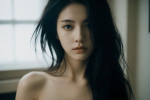 xxmix_girl, closeup, 1girl,fluffy long hair,dark theme,black hair,messy hair, (nude:1.3), film grain ,black thememTyndall, old apartment, polaroid camera photo