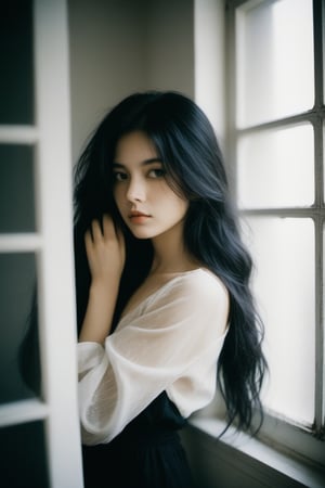 xxmix_girl, (closeup:1.2), 1girl,fluffy long hair,dark theme,black hair,messy hair, (nude:1.3), film grain ,black thememTyndall, old apartment, polaroid camera photo