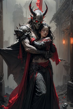 ((best quality)), ((masterpiece)), ((dark fantasy gothic style)), realistic, photorealistic, high-resolution, photo of a young adult girl,closed eyes, exquisite detail, radiant glow, (highly delicate, detailed body:0.8), (nsfw), (in white  ancient clothes of girl), ((in the arms of A malevolent demon king)), (adorned with a skull-like visage:1.2), black spiky armor, intricately detailed, extremely detailed, (the demon king, holding a beautiful girl in his arms:1.3), full body framing, Sinister Surroundings, Supernatural, Ominous, Hellish Environment, blend, Fantasy Art, dark theme, high contrast, (hdr:1.4), (cinematic, teal, red, black and orange:0.85) color palette, (muted colors, dim colors, soothing tones:1.3), low saturation, In a realm shrouded in eternal twilight, a hauntingly surreal scene unfolds, concept art by Victor Lee, – Principal Concept Artist, – Blizzard Entertainment, – Diablo IV, Stefan Koidl