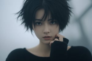 xxmix_girl,1girl,fluffy short hair,dark theme,blonde hair,messy hair, (nude:1.3), film grain,fog,black thememTyndall, mars background