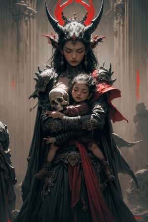 ((best quality)), ((masterpiece)), ((dark fantasy gothic style)), realistic, photorealistic, high-resolution, photo of a young adult girl,closed eyes, exquisite detail, radiant glow, (highly delicate, detailed body:0.8), (nsfw), (in white  ancient clothes of girl), ((in the arms of A malevolent demon king)), (adorned with a skull-like visage:1.2), black spiky armor, intricately detailed, extremely detailed, (the demon king, holding a beautiful girl in his arms:1.3), full body framing, Sinister Surroundings, Supernatural, Ominous, Hellish Environment, blend, Fantasy Art, dark theme, high contrast, (hdr:1.4), (cinematic, teal, red, black and orange:0.85) color palette, (muted colors, dim colors, soothing tones:1.3), low saturation, In a realm shrouded in eternal twilight, a hauntingly surreal scene unfolds, concept art by Victor Lee, – Principal Concept Artist, – Blizzard Entertainment, – Diablo IV, Stefan Koidl