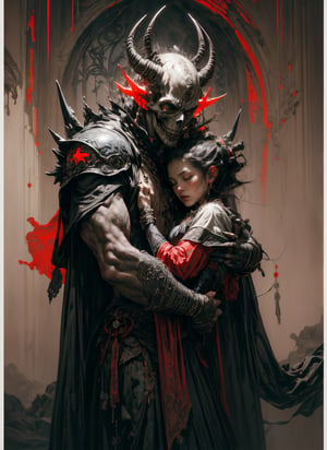 ((best quality)), ((masterpiece)), ((dark fantasy gothic style)), realistic, photorealistic, high-resolution, photo of a young girl,closed eyes, exquisite detail, radiant glow, (highly delicate, detailed body:0.8), nsfw, in white  ancient clothes of girl, ((in the arms of A malevolent demon king)), (adorned with a skull-like visage:1.2), black spiky armor, intricately detailed, extremely detailed, (the demon king, cradling a captivatingly beautiful girl within his arms:1.3), full body framing, Sinister Surroundings, Supernatural, Ominous, Hellish Environment, blend, elements, imagery, Fantasy Art, dark theme, high contrast, (hdr:1.4), (cinematic, teal, red, black and orange:0.85) color palette, (muted colors, dim colors, soothing tones:1.3), low saturation, In a realm shrouded in eternal twilight, a hauntingly surreal scene unfolds, concept art by Victor Lee, – Principal Concept Artist, – Blizzard Entertainment, – Diablo IV, Stefan Koidl