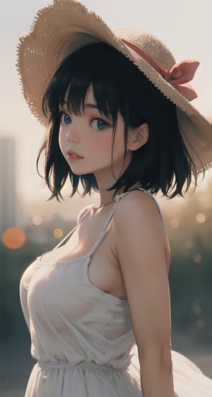 Best portrait photography, 35mm film, natural blurry, 1girl, lose Sundress, front body, big breast, visible clevage, lips apart, wide brimmed hat, radiant complexion, whimsical pose, fluttering hair, golden sunlight, macro shot, shallow depth of field, bokeh, dreamy, medium saturated