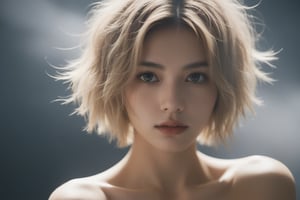 xxmix_girl,1girl,fluffy short hair,dark theme,blonde hair,messy hair, (nude:1.3), film grain,fog,black thememTyndall, (planet (mars:1.2) background)