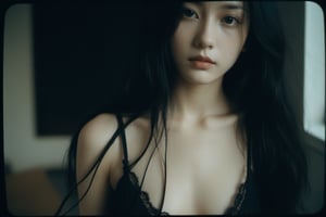 xxmix_girl, (closeup:1.2), 1girl,fluffy long hair,dark theme,black hair,messy hair, (nude:1.3), film grain ,black thememTyndall, old apartment, polaroid camera photo