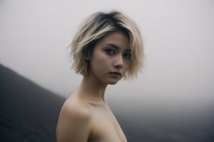 xxmix_girl,1girl,fluffy short hair,dark theme,blonde hair,messy hair, (nude:1.3), film grain,fog,black thememTyndall, (planet (mars:1.2) background)