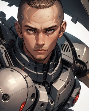 Best Quality, Masterpiece, Ultra High Resolution, Detailed Background, robot, face, front, Man, Shaved Hair, brown eyes, 4k resolution