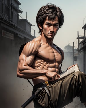 Best Quality, Masterpiece, Ultra High Resolution, Detailed Background, boy, man, Bruce Lee, face , front, brown hair, book cover, chromatic_background, 4k resolution,LaraWaifu,WonderWaifu,weapon