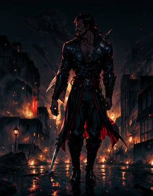 Best Quality, Masterpiece, Ultra High Resolution, Detailed Background, Dracule Mihawk,  One Piece, Assassin's creed, badass, trimmed moustache, large cross sword on the back, walking, destroyed dark city background, night, dynamic view, 4k Best Quality,he-man,perfecteyes