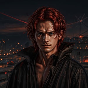 Best Quality, Masterpiece, Ultra High Resolution, Detailed Background, , shanks Anakin Skywalker, red hair, face, portrait art, shyning star in sky, destroyed city background, night, 4k Best Quality,Shnks,fate/stay background, style, perfect eyes