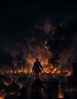 Best Quality, Masterpiece, Ultra High Resolution, Detailed Background, Dracule Mihawk,  One Piece, Assassin's creed, badass, trimmed moustache, large wooden sword on the back, walking, destroyed dark city background, night, dynamic view, 4k Best Quality,he-man,perfecteyes