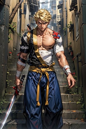 (((blond hair))), (incredibly big afro hairstyle), (golden katana), ((traditional samurai outfit)), adult, male, (dark skin tone), bandage throughout the waist, tori on stairs in a forst in the background, dynamic pose, dynamic view, battle_stance
,red \(pokemon\)