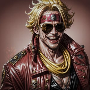 Best Quality, Masterpiece, Ultra High Resolution, Detailed Background, Doflamingo, one piece, yellow hair, red sunglasses, pink jacket, smile, pull the tongue, big tongue, face, portrait art, pirate pirate background, dynamic view, 4k Best Quality, chromatic_background, style, perfect eyes