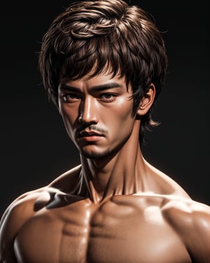 Best Quality, Masterpiece, Ultra High Resolution, Detailed Background, boy, man, Bruce Lee, face , front, brown hair, eyes effect, chromatic_background, 4k resolution