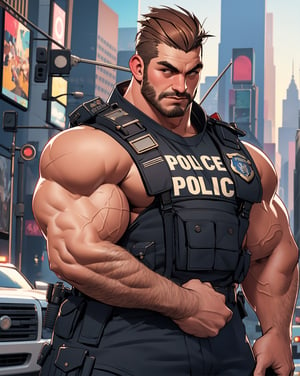 Best Quality, Masterpiece, Ultra High Resolution, Detailed Background, Muscular Man, Shaved Hair, Punk Crest, brown hair, Arm Hair, Thick Chunky Arms, Thick Thighs, Naked, Hairy, Police Officer Outfit, police t-shirt, big lump, police car in the background, New York background, 4k resolution,3DMM