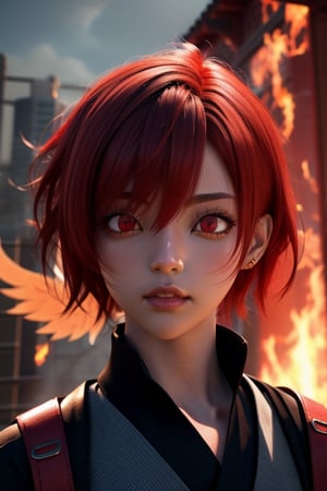 character sheet, phoenix in background, dark skin, red_hair, short hair, red eyes, held red and dark blue, katana, perfect face, 3D anime style, beautiful, boy, ultra detailed
