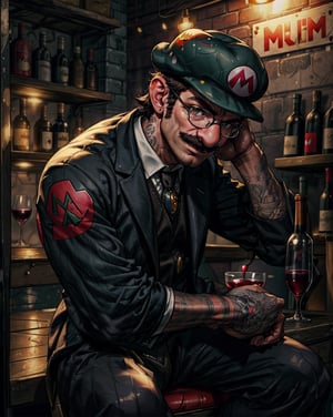 Best Quality, Masterpiece, Ultra High Resolution, Detailed Background, mario, tatoo, sitting, glasse of wine, peaky blinders, bar background, night, dynamic view, 4k Best Quality,Shnks,Mihawk,real_mario