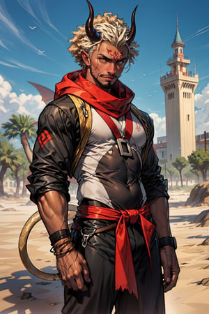 (((2 demon horn on the forehead))), (incredibly big afro hairstyle), african male , half human, half lion, brown beard, snake-tail, held of African tribe, african clothes, old man, adult, male, (dark skin tone), scarf with a hood, desert in the background, tower in the background
,red \(pokemon\)