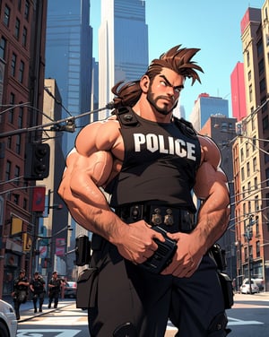 Best Quality, Masterpiece, Ultra High Resolution, Detailed Background, Muscular Man, Shaved Hair, Punk Crest, brown hair, Arm Hair, Thick Chunky Arms, Thick Thighs, Naked, Hairy, Police Officer Outfit, police t-shirt, big lump, police car in the background, New York background, 4k resolution,3DMM