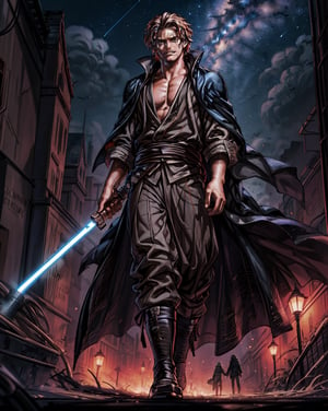 Best Quality, Masterpiece, Ultra High Resolution, Detailed Background, shank Anakin Skywalker,  star wars, one arm, smile, walking, street pirate city background, night, dynamic view, 4k Best Quality,Shnks