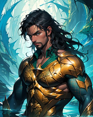 (masterpiece, best quality:1.4),(absurdres, highres, ultra detailed:1.2), Aquaman, (1 handsome man:1.4),(using dark magic:1.4),water magic,playful illustrations, imaginative overlays, artistic fusion,fantastical scenes, evocative narratives, striking visuals, upper body
