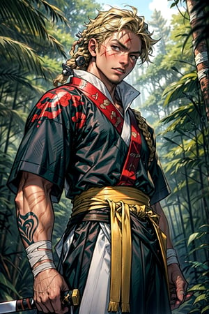 (((blond hair))), (dreadlocks), (afro hairstyle), (golden katana), gold sword, ((traditional samurai outfit)), bleu outfit, adult, scar on the jaw, male, (dark skin tone), Japanese tatoo on shoulder, bandage throughout the waist, tori in a forest in the background
,red \(pokemon\)