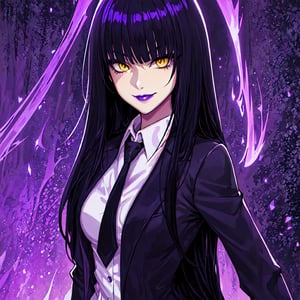 Worm's view of a beautiful woman with light skin, long straight black hair, yellow eyes, purple lips, sinister look and smile, wearing a suit and tie, purple aura. Graphic novel, Visual novel