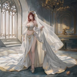 A digital art piece depicting a concubine woman with short, messy red hair and green eyes. She is dressed in an elaborate white bridal gown with intricate lace details and an antique bellyband, standing in a grand and atmospheric medieval chamber. The background is illuminated by soft, warm light, casting intricate shadows. The overall composition features bold outlines, vibrant colors, and glowing effects, creating a powerful and visually striking portrayal of the concubine woman as a figure of elegance and allure, blending historical richness with fantasy elements.
,portrait,horror (theme)