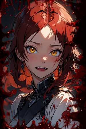 A woman with red hair and blood on her face,1 woman), (white skin), (red hair), (yellow eyes), (pointed teeth), scary with blood, high quality, scary white background, scary with blood, high quality, scary white background, CryingBlood, blood, psycho, euphoria, happy, yandere, trend on pixiv, gothic art, anime, artstation hd, anime aesthetic