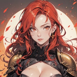 ((masterpiece))),((best quality)), 8k, highly detailed, ultra detailed. A beautiful young woman with orange eyes and wavy red hair, fair and smooth skin, pink lips, toned, athletic and strong body. Dressed in black armor with gold lace, ((redhead: 1.1)), long hair, orange eyes, slender. Masanori Waragai style, portrait.