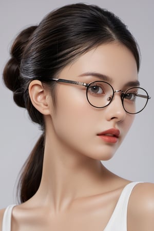 (photorealistic) (close-up photograph) of a (stunning lady) wearing (round glasses), (elegant ponytail), and a (seductive expression), (authentic details), (intense and captivating), (professional photography), (natural beauty), (effortless grace), (mesmerizing look), (timeless allure), (captivating portrait)