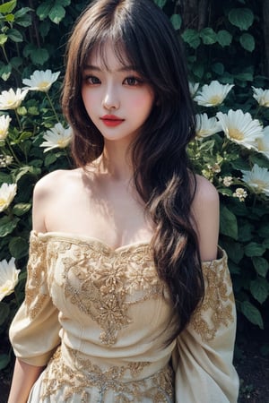 masterpiece, best quality, ultra details, beautiful lady, long golden hair, off the shoulder, flower field,  vibrant colors, soft lighting, detailed shading, fine details, full HD, intricately detailed