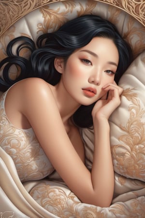 Attractive young woman lying on a luxurious bed, soft lighting, elegant composition, realistic shading, fine details. Digital painting by Audrey Kawasaki and Victoria Frances, high resolution.