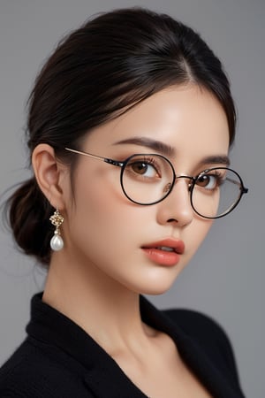 (high-resolution) (portrait photography) of a (gorgeous woman) with (round glasses), (elegant ponytail), and a (seductive gaze), (sophisticated charm), (captivating allure), (professional photography), (soft and flattering lighting), (effortless beauty), (classic elegance), (intense and enticing eyes), (timeless portrait)