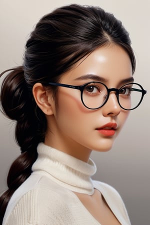 (digital painting) (portrait art) depicting a (beautiful woman) with (round glasses), (ponytail hairstyle), and a (seductive allure), (meticulous digital artwork), (captivating and alluring), (digital art by a skilled artist), (sophisticated charm), (intense gaze), (effortless beauty), (timeless and alluring portrait)