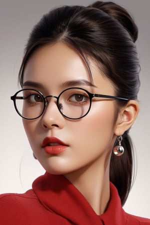 (digital painting) (portrait art) depicting a (beautiful woman) with (round glasses), (ponytail hairstyle), and a (seductive allure), (meticulous digital artwork), (captivating and alluring), (digital art by a skilled artist), (sophisticated charm), (intense gaze), (effortless beauty), (timeless and alluring portrait)