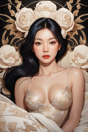 Attractive and beautiful lady lying on a luxurious bed, soft lighting, elegant composition, realistic shading, fine details. Digital painting by Audrey Kawasaki and Victoria Frances, high resolution.