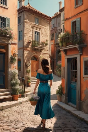 (detailed) (illustration) portraying a (beautiful woman) walking in a (picturesque town), (fine lines and detailing), (cityscape illustration by a talented artist), (authenticity in art), (urban charm), (graceful stride), (captivating presence), (timeless beauty), (urban exploration)