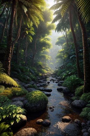 An enchanting photorealistic image of a lush green jungle teeming with life. It features vibrant flowers, towering trees with an abundance of leaves, and a crystal-clear stream running through the heart of this verdant paradise. The camera lens captures every intricate detail, using a 135mm lens to provide a medium shot. The lighting is dappled with natural sunlight, creating an immersive play of light and shadow. The resolution should be at least 4K to ensure an incredibly detailed and lifelike portrayal