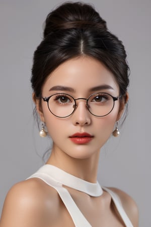 (high-resolution) (portrait photography) of a (gorgeous woman) with (round glasses), (elegant ponytail), and a (seductive gaze), (sophisticated charm), (captivating allure), (professional photography), (soft and flattering lighting), (effortless beauty), (classic elegance), (intense and enticing eyes), (timeless portrait)