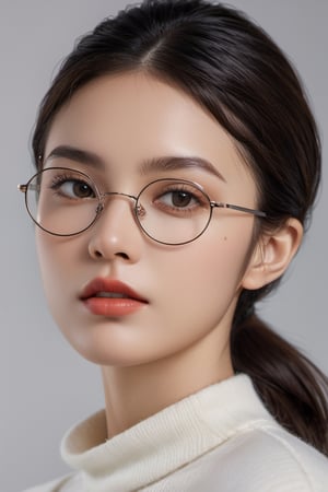 (photorealistic) (close-up photograph) of a (stunning lady) wearing (round glasses), (elegant ponytail), and a (seductive expression), (authentic details), (intense and captivating), (professional photography), (natural beauty), (effortless grace), (mesmerizing look), (timeless allure), (captivating portrait)