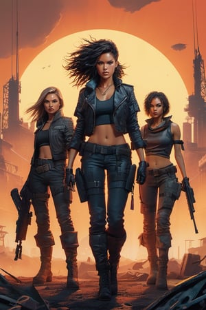 (detailed) (illustration) depicting a (powerful gang of women) in a (post-apocalyptic world), (fierce and determined), (illustration by a talented artist), (strong female characters), (dystopian warriors), (empowering scene), (futuristic setting)