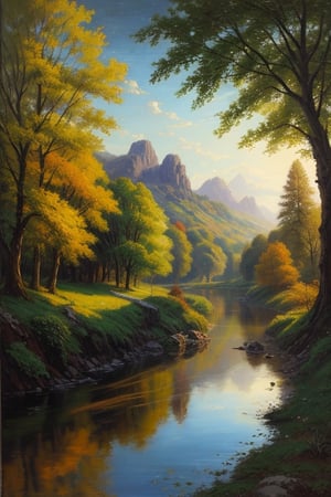 Create a traditional oil painting that captures the idyllic beauty of a meandering river surrounded by vibrant green hills and trees. Pay close attention to the reflections of the landscape in the calm waters and the play of light and shadow inspired by the works of Thomas Moran