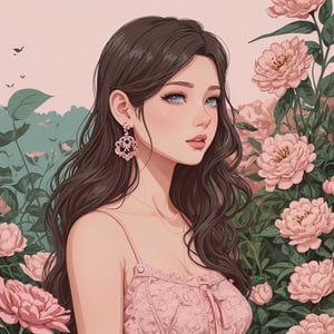 Illustration of 25 year old woman with earrings, wavy black hair, Detailed eyes, pink lacy top and short denim shorts, she is in a garden, Digital illustration style, Cartoon style illustration, beautiful art style, trendy art, illustration beautiful digital, beautiful digital art, cartoon art style, cute detailed digital art, exquisite digital illustration, cute cartoon style, awesome art style, vector art style, digital anime illustration, 2d illustration